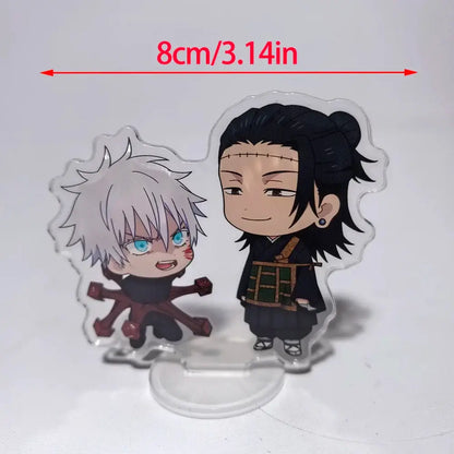 Clear acrylic stand featuring chibi jujutsu kaisen characters gojo and nanami in compact 8cm mini ornament