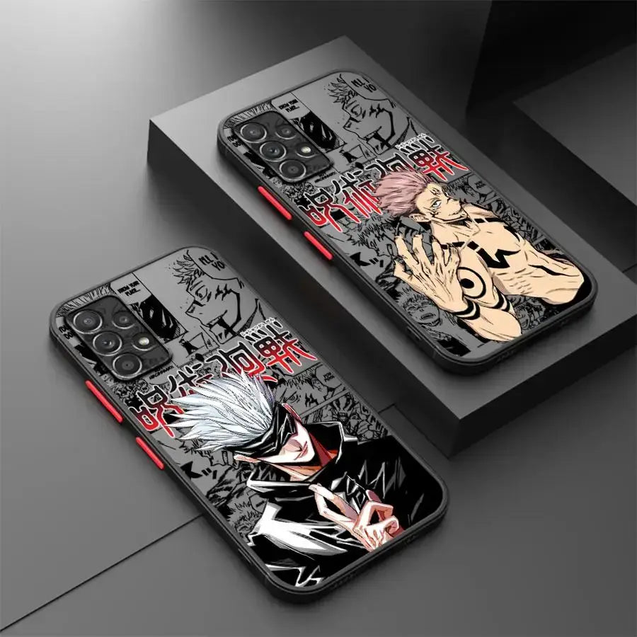 Black samsung galaxy phone cases featuring jujutsu kaisen gojo anime characters with red and white accents on back side