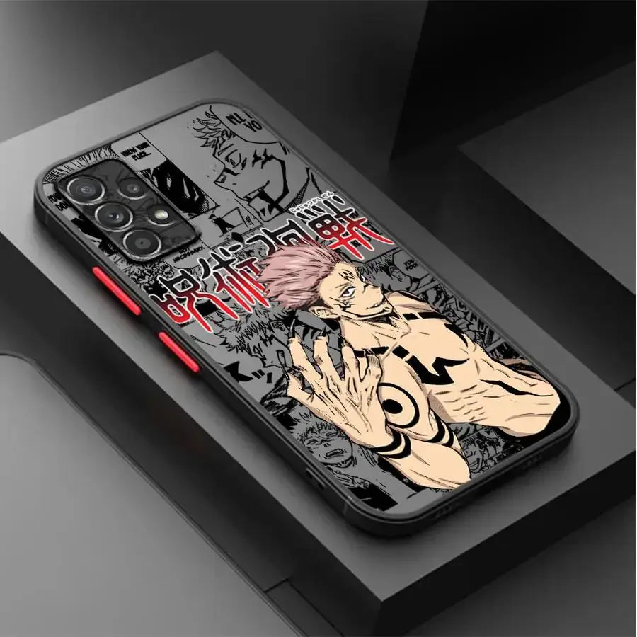 Black jujutsu kaisen gojo phone case for samsung galaxy fit featuring pink hair character and red japanese text on back