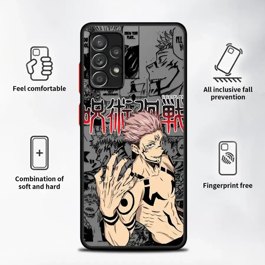 Black samsung galaxy fit phone case featuring detailed jujutsu kaisen gojo pink hair anime illustration on back