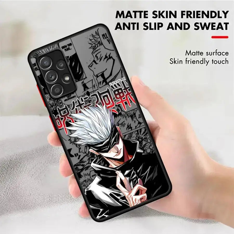 Black matte samsung galaxy fit phone case featuring detailed jujutsu kaisen gojo anime illustration on the back