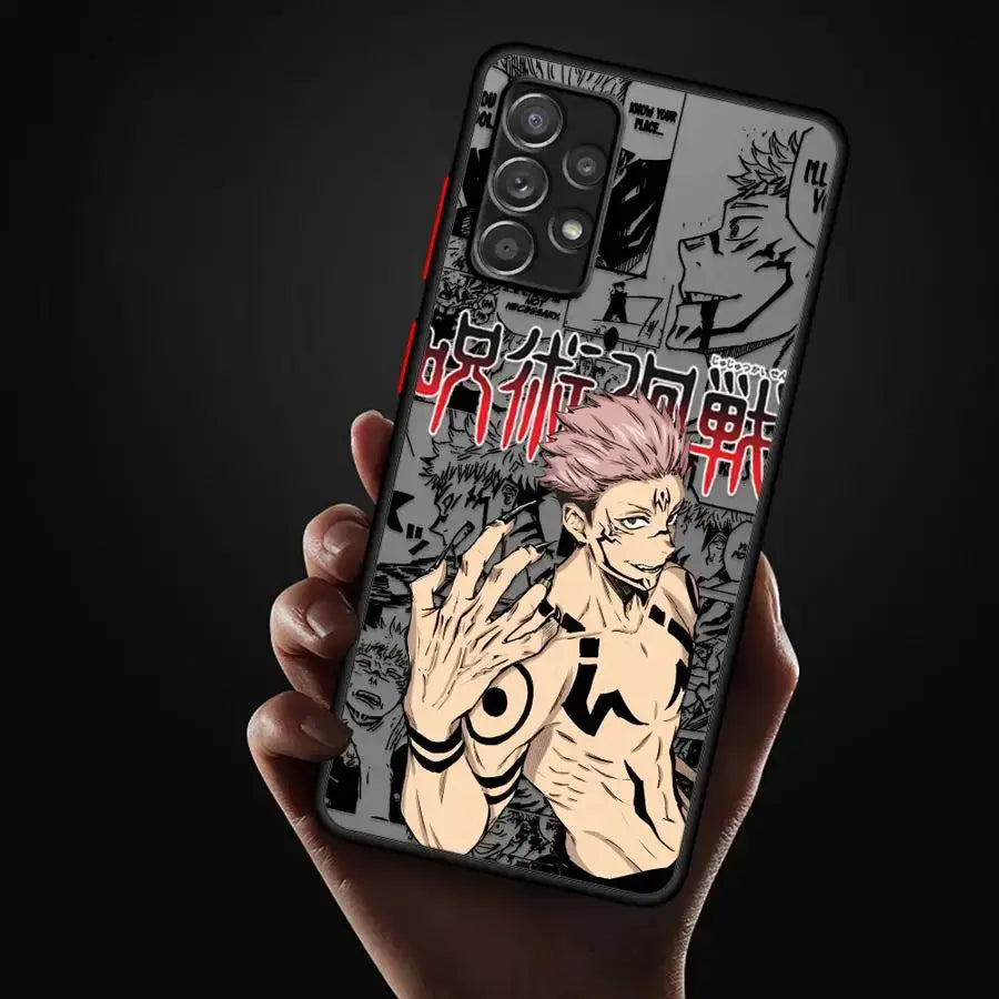 Black phone case for samsung galaxy featuring vibrant pink-haired jujutsu kaisen gojo anime illustration on back