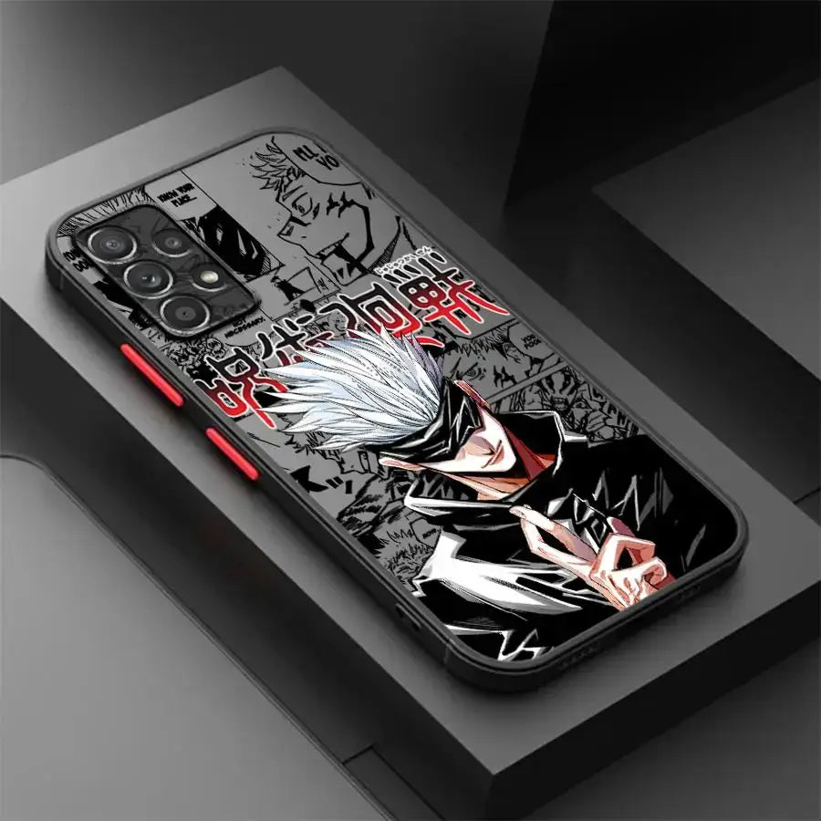 Black and red samsung galaxy jujutsu kaisen gojo phone case with white hair character manga design back view