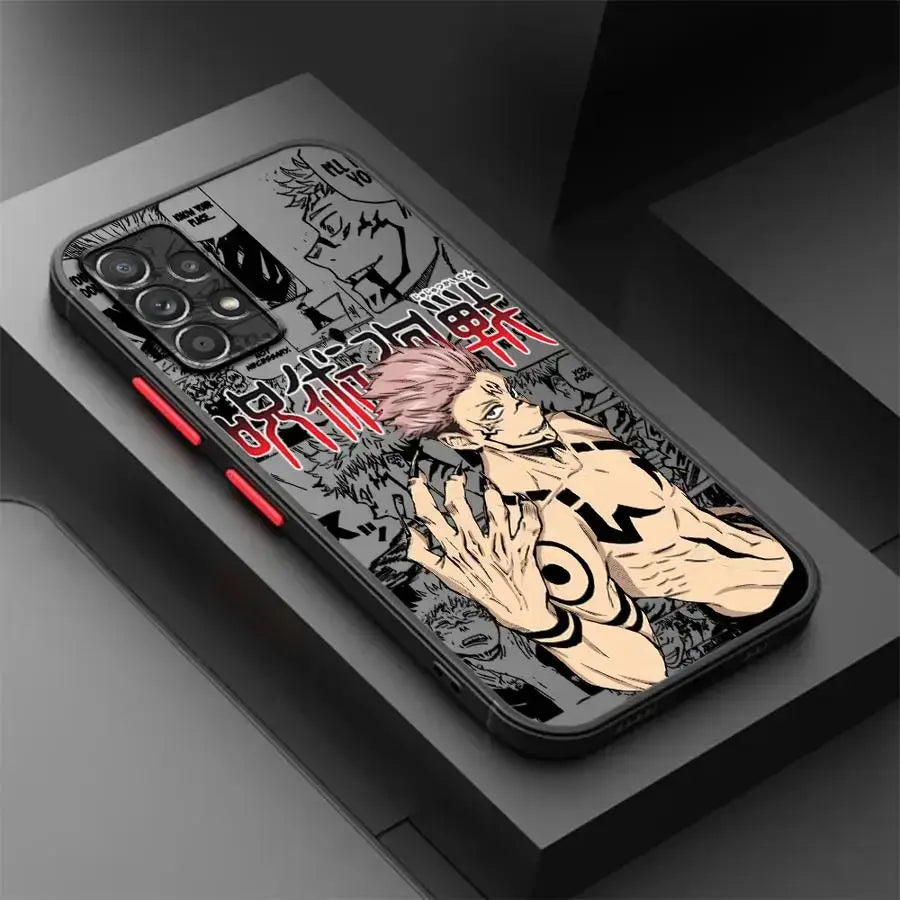 Black jujutsu kaisen gojo phone case for samsung galaxy fit with dynamic pink-haired anime illustration and red japanese text