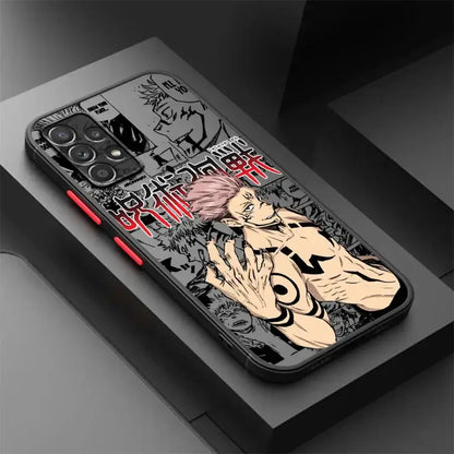 Black jujutsu kaisen gojo phone case for samsung galaxy fit with dynamic pink-haired anime illustration and red japanese text