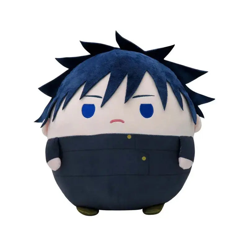 Jujutsu kaisen gojo plush doll featuring a round navy uniform stuffed toy with spiky dark blue hair and yellow buttons