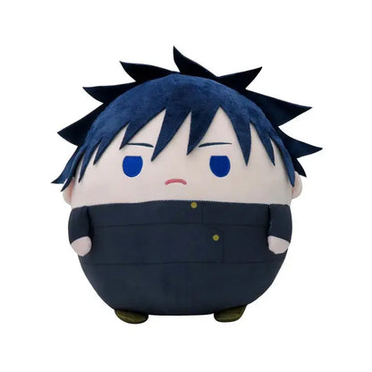 Jujutsu kaisen gojo plush doll featuring a round navy uniform stuffed toy with spiky dark blue hair and yellow buttons