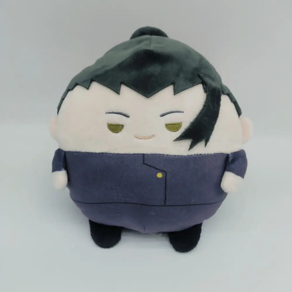 Cute round jujutsu kaisen gojo plush doll with black spiky hair gold eyes and navy blue uniform jacket
