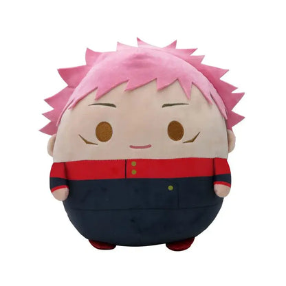 A jujutsu kaisen gojo plush doll with spiky pink hair wearing a red-trimmed navy blue outfit in soft beige fabric