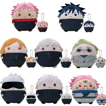 Plush keychains featuring round chibi-style jujutsu kaisen characters with distinct hair colors and outfits in 10/22/30cm sizes