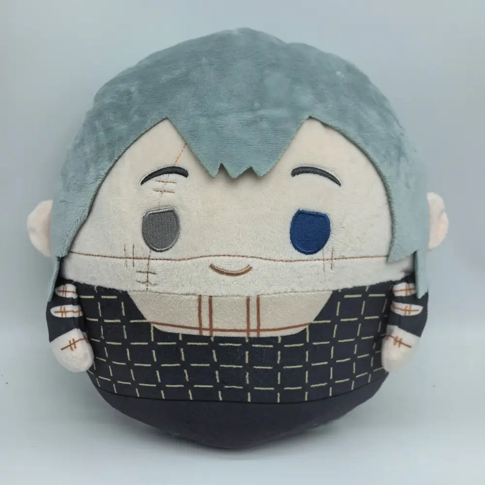 Jujutsu kaisen gojo plush doll with light blue hair, one blue eye, one gray eye, wearing black checkered outfit
