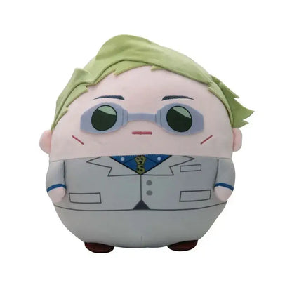 Jujutsu kaisen gojo plush doll with light green hair wearing gray suit and blue tie available in 10 22 and 30cm sizes