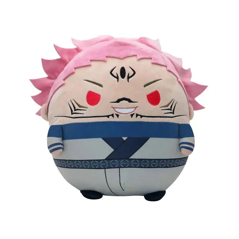 Jujutsu kaisen gojo plush doll with pink hair red eyes and blue striped traditional attire stuffed toy in three sizes