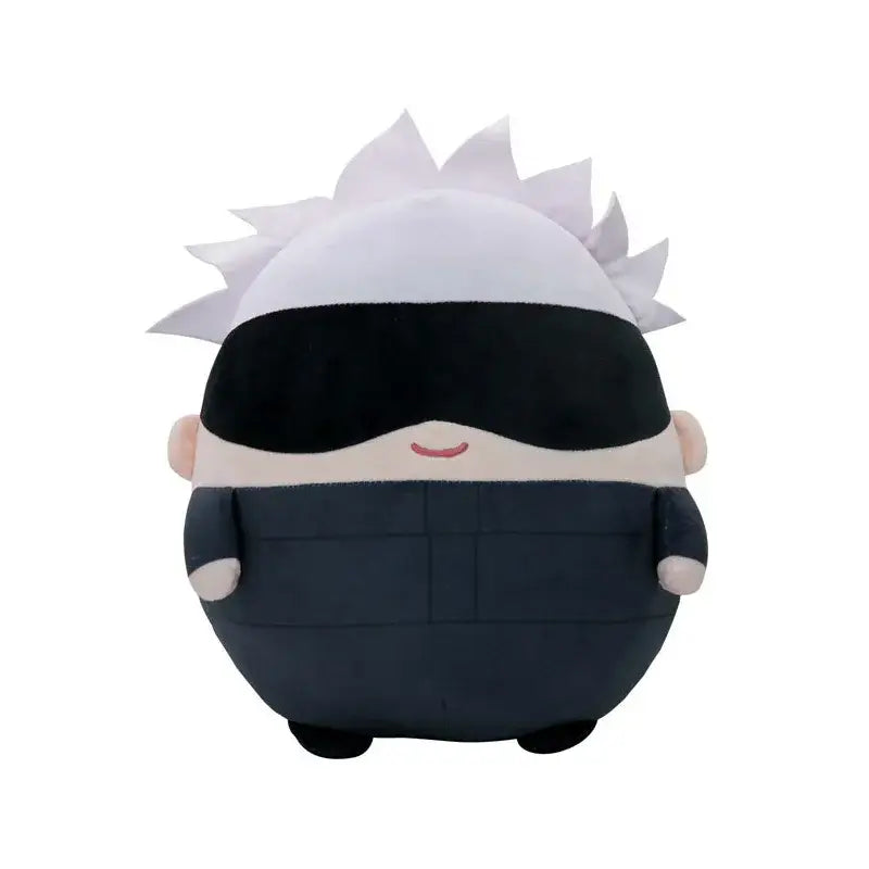 Jujutsu kaisen gojo plush doll with white and black spiky hair, blindfold, and smiling face in soft stuffed toy form