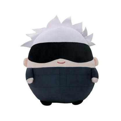 Jujutsu kaisen gojo plush doll with white and black spiky hair, blindfold, and smiling face in soft stuffed toy form