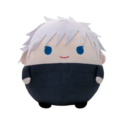 Jujutsu kaisen gojo plush doll with white hair blue eyes and black outfit available in 10 22 and 30 cm sizes