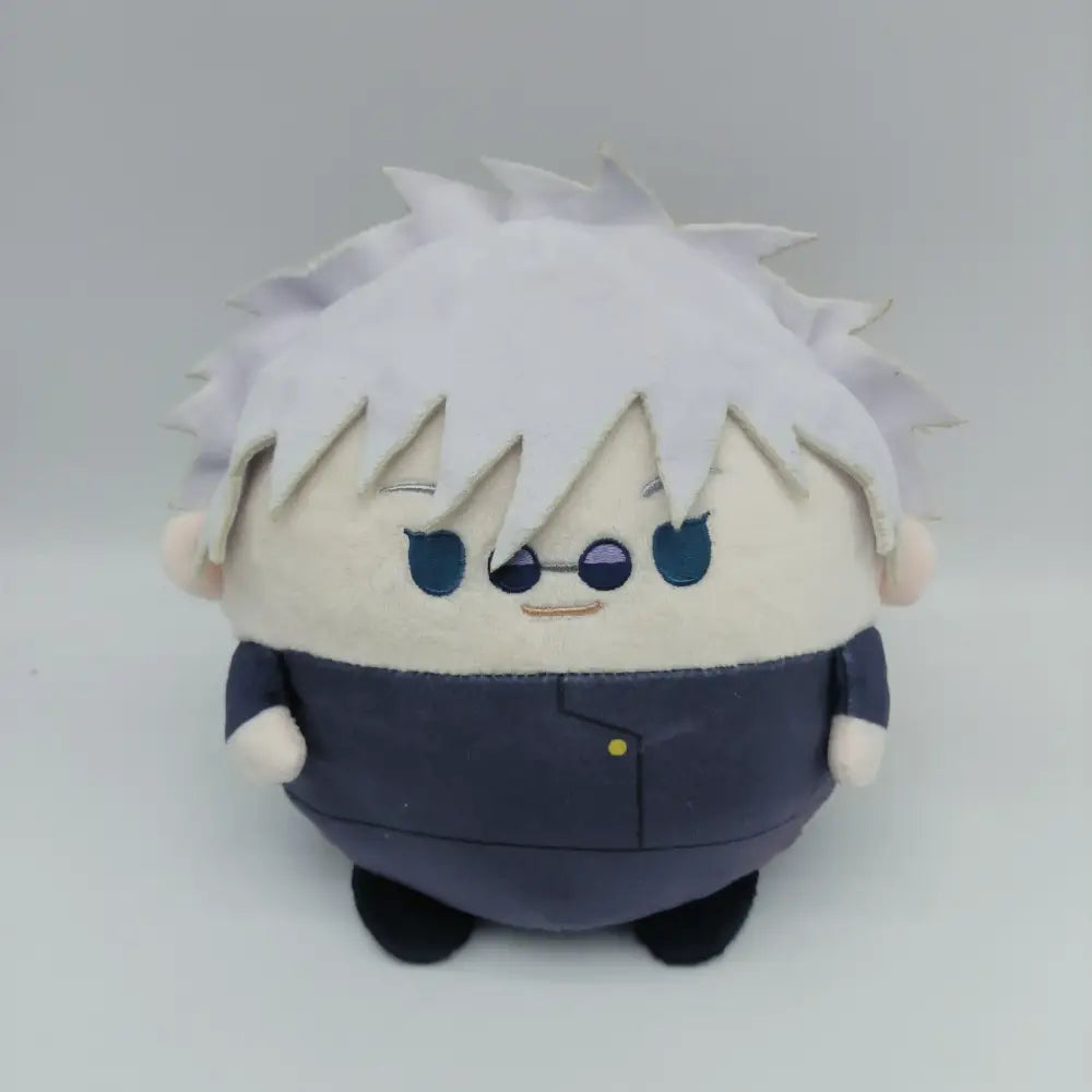 Cute white-haired jujutsu kaisen gojo plush doll with blue eyes and navy-blue jacket available in multiple sizes