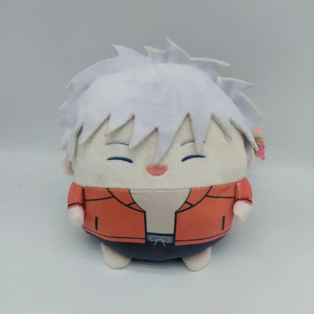 Cute white-haired jujutsu kaisen gojo plush doll wearing orange jacket and dark blue pants in 10 22 30cm sizes