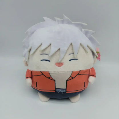 Cute white-haired jujutsu kaisen gojo plush doll wearing orange jacket and dark blue pants in 10 22 30cm sizes