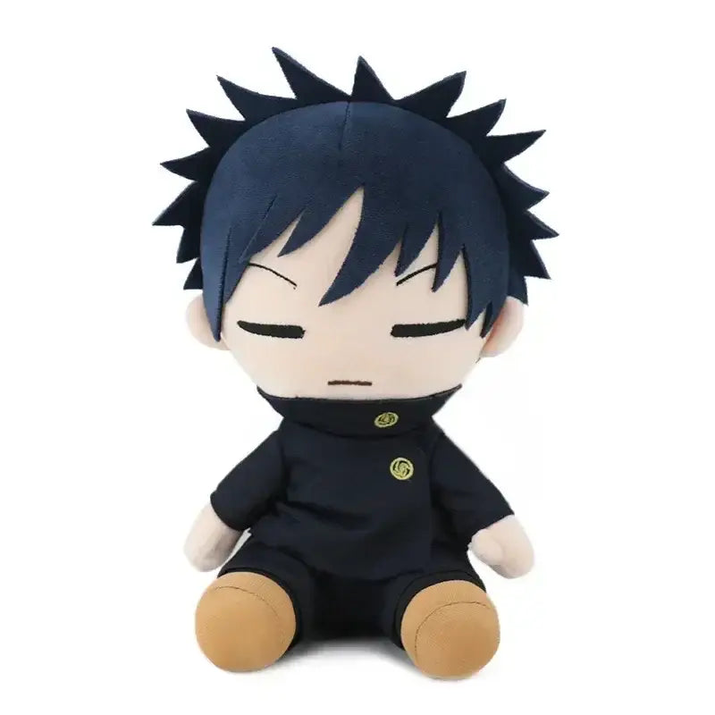 Navy blue spiky-haired jujutsu kaisen plush doll with closed eyes and black uniform featuring yellow emblems sitting upright