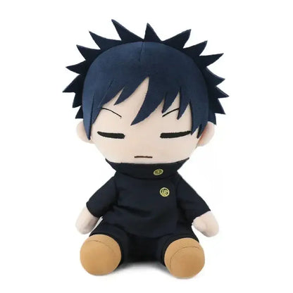 Navy blue spiky-haired jujutsu kaisen plush doll with closed eyes and black uniform featuring yellow emblems sitting upright