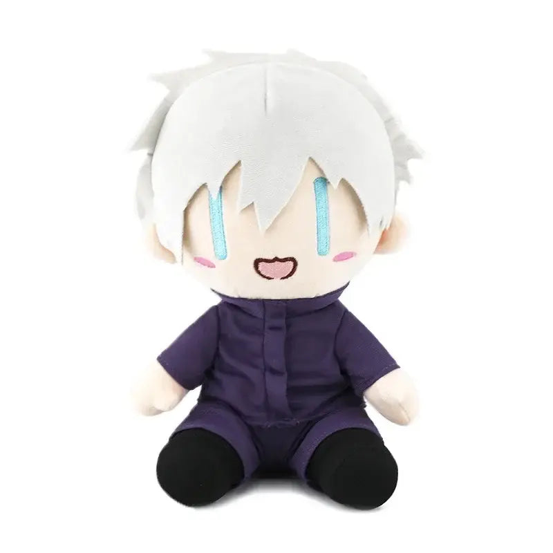 Jujutsu kaisen plush doll featuring soft cotton material with white spiky hair and purple outfit for collectors and fans