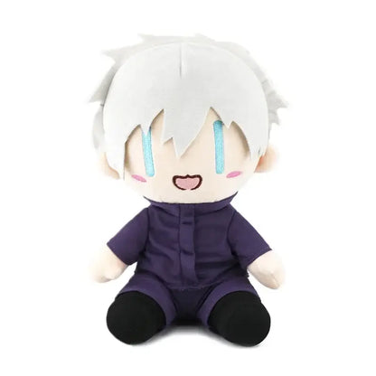 Jujutsu kaisen plush doll featuring soft cotton material with white spiky hair and purple outfit for collectors and fans