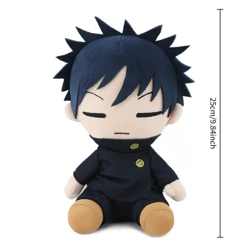 Navy blue jujutsu kaisen plush doll with spiky hair tan feet and black uniform featuring gold emblems soft cotton material