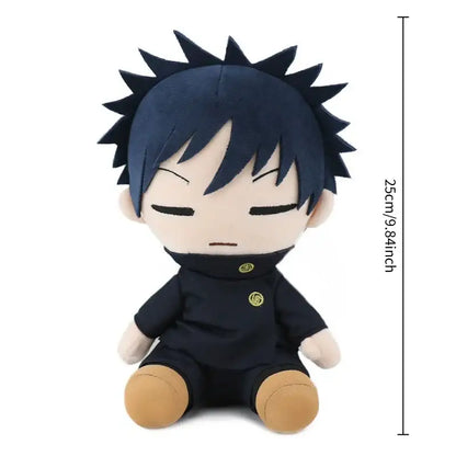 Navy blue jujutsu kaisen plush doll with spiky hair tan feet and black uniform featuring gold emblems soft cotton material