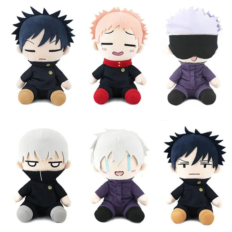 Six jujutsu kaisen plush dolls in black and purple outfits soft cotton material perfect for collectors and fans