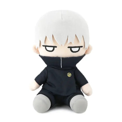 Jujutsu kaisen gojo plush doll with short white hair black outfit and gray socks made of soft cotton plush material