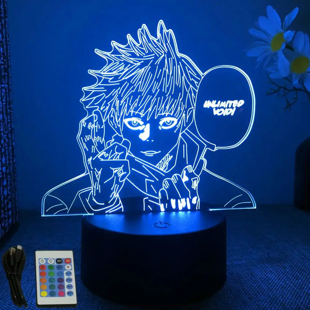 Blue illuminated satoru 3d led rgb night light featuring gojo satoru with spiky hair and unlimited void speech bubble