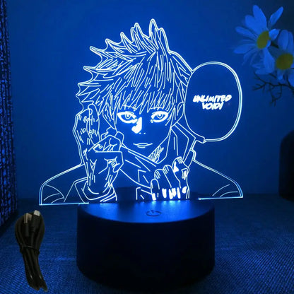 Blue glowing gojo satoru satoru 3d led rgb night light featuring anime character with unlimited void speech bubble