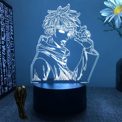 A glowing blue rgb night light satoru 3d led lamp featuring gojo satoru with spiky hair on a black base