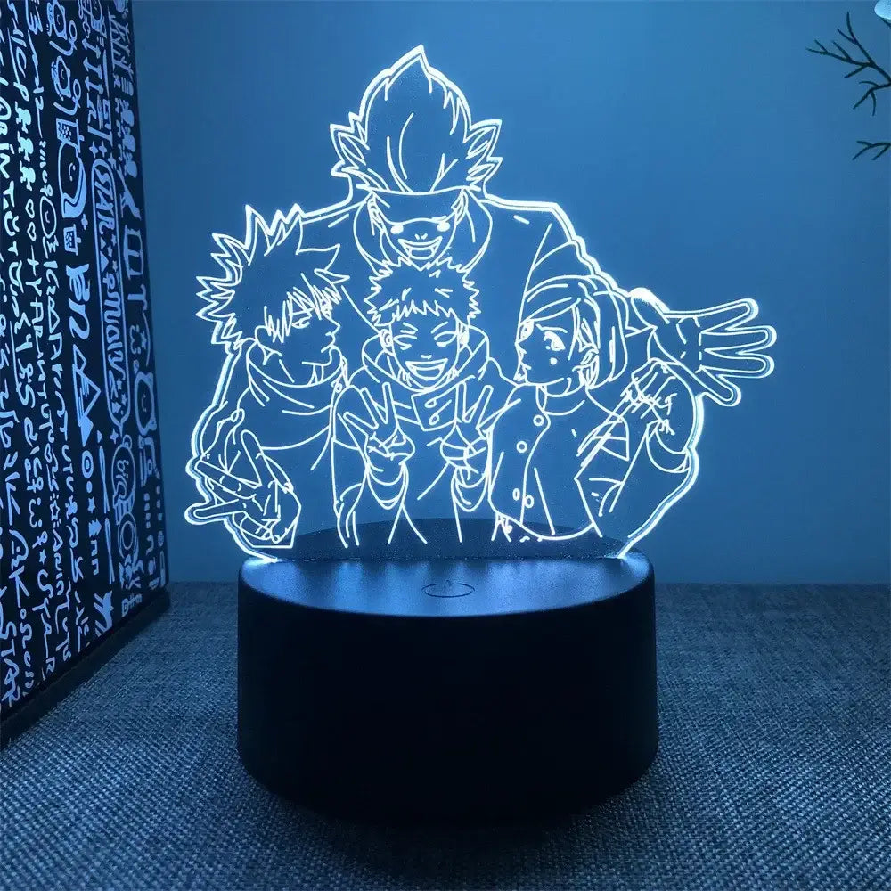 A glowing blue satoru 3d led rgb night light featuring gojo satoru silhouette on a black cylindrical base