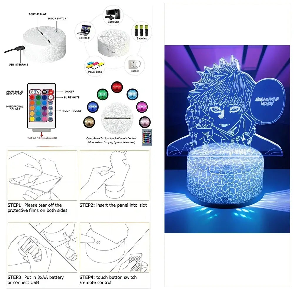Blue glowing gojo satoru satoru 3d led rgb night light with crackled acrylic base for jujutsu kaisen fans