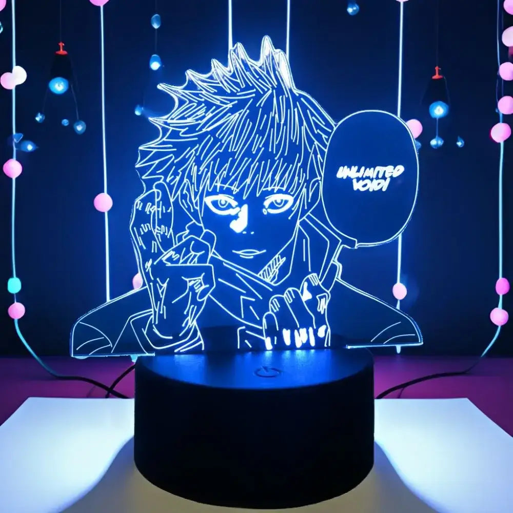 Blue neon-lit satoru 3d led lamp featuring gojo satoru with a speech bubble unlimited void rgb night light