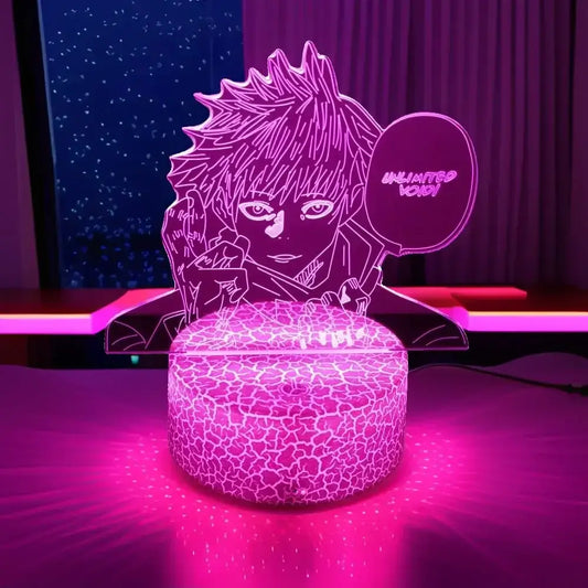 A glowing pink acrylic satoru 3d led rgb night light featuring gojo satoru with spiky hair and a tennis racket