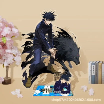 Black and navy blue acrylic stand featuring gojo satoru riding a wolf from jujutsu kaisen collectible decor