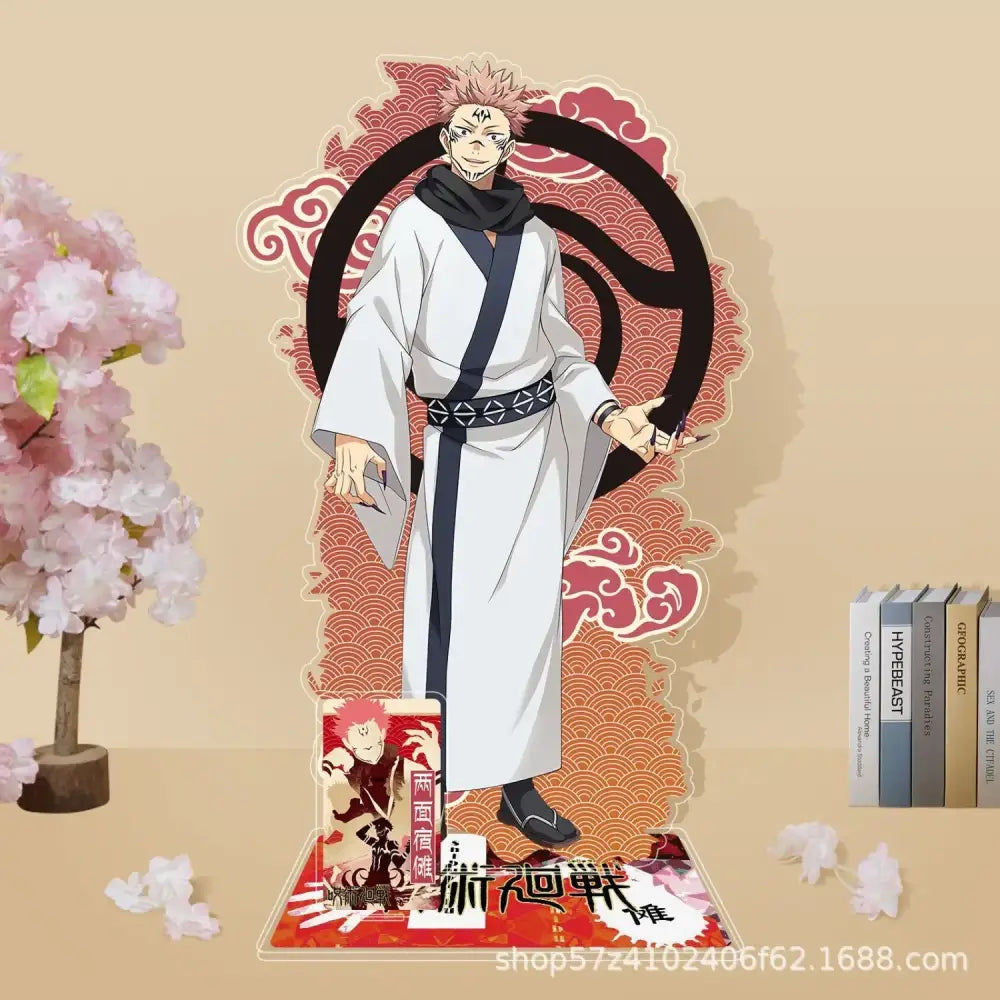 Jujutsu kaisen gojo satoru white and black acrylic stand with red and gold wave-patterned collectible decor background