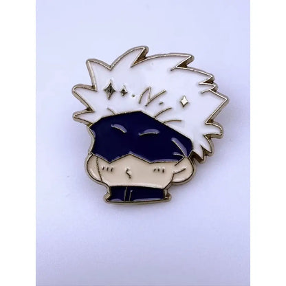 Metallic jujutsu kaisen alloy brooch featuring anime character gojo satoru with spiky white hair and dark blue goggles