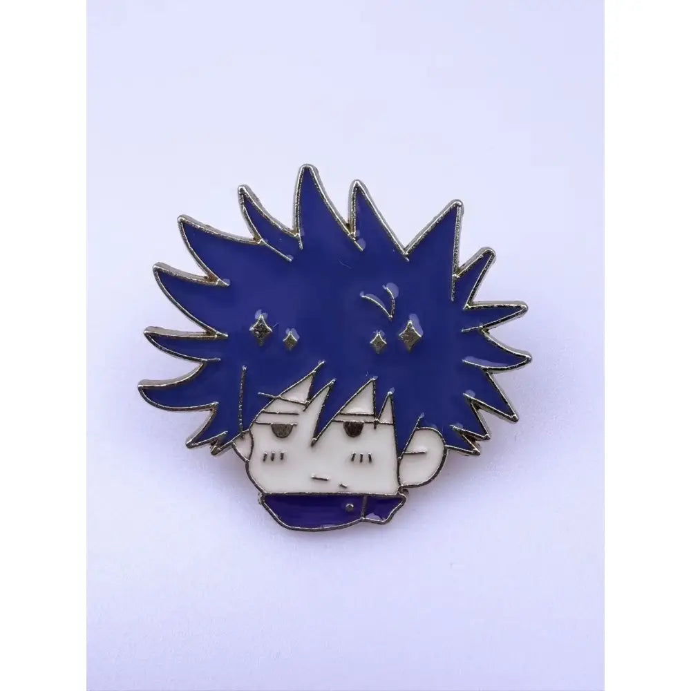 Blue and white enamel jujutsu kaisen alloy brooch featuring stylized anime character gojo satoru with spiky hair