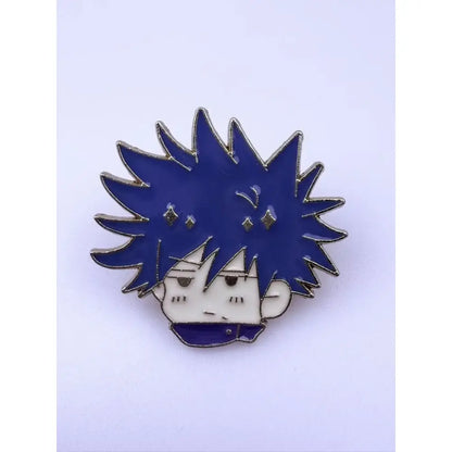 Blue and white enamel jujutsu kaisen alloy brooch featuring stylized anime character gojo satoru with spiky hair