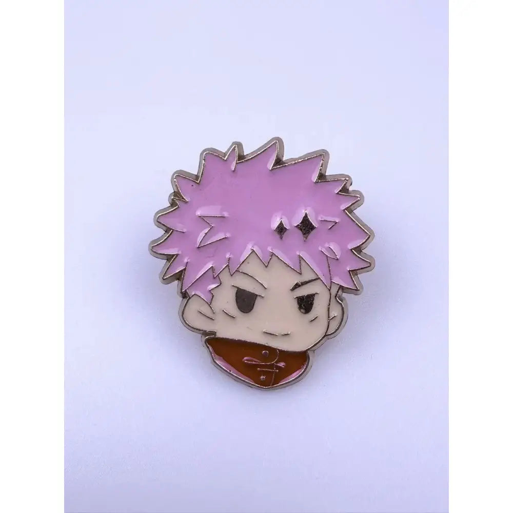 Jujutsu kaisen alloy brooch featuring a pink-haired anime character with metallic silver outline and brown scarf detail