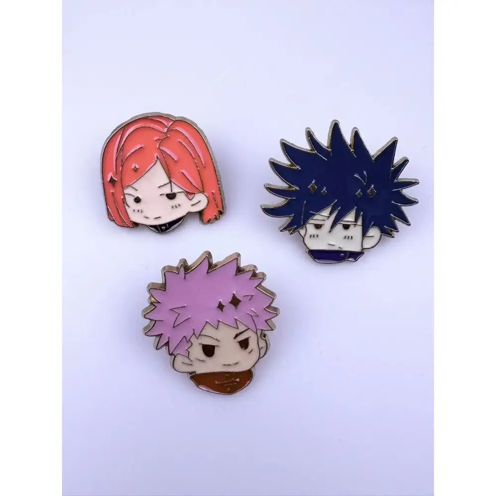 Three jujutsu kaisen enamel alloy brooches featuring chibi anime characters with red, dark blue, and pink hair metallic outlines