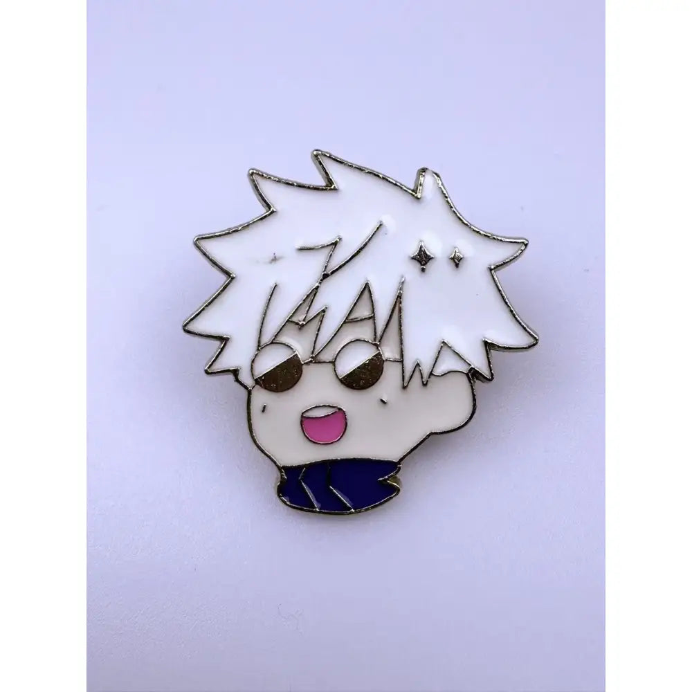 White enamel jujutsu kaisen alloy brooch featuring cartoon character with spiky hair and brown eyes metal badge