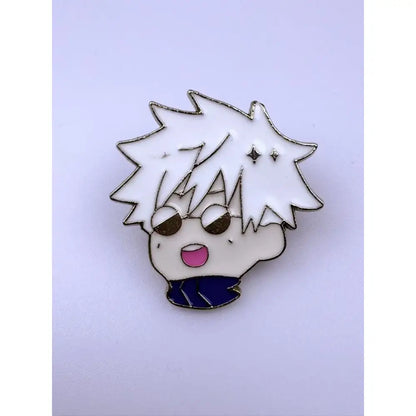 White enamel jujutsu kaisen alloy brooch featuring cartoon character with spiky hair and brown eyes metal badge