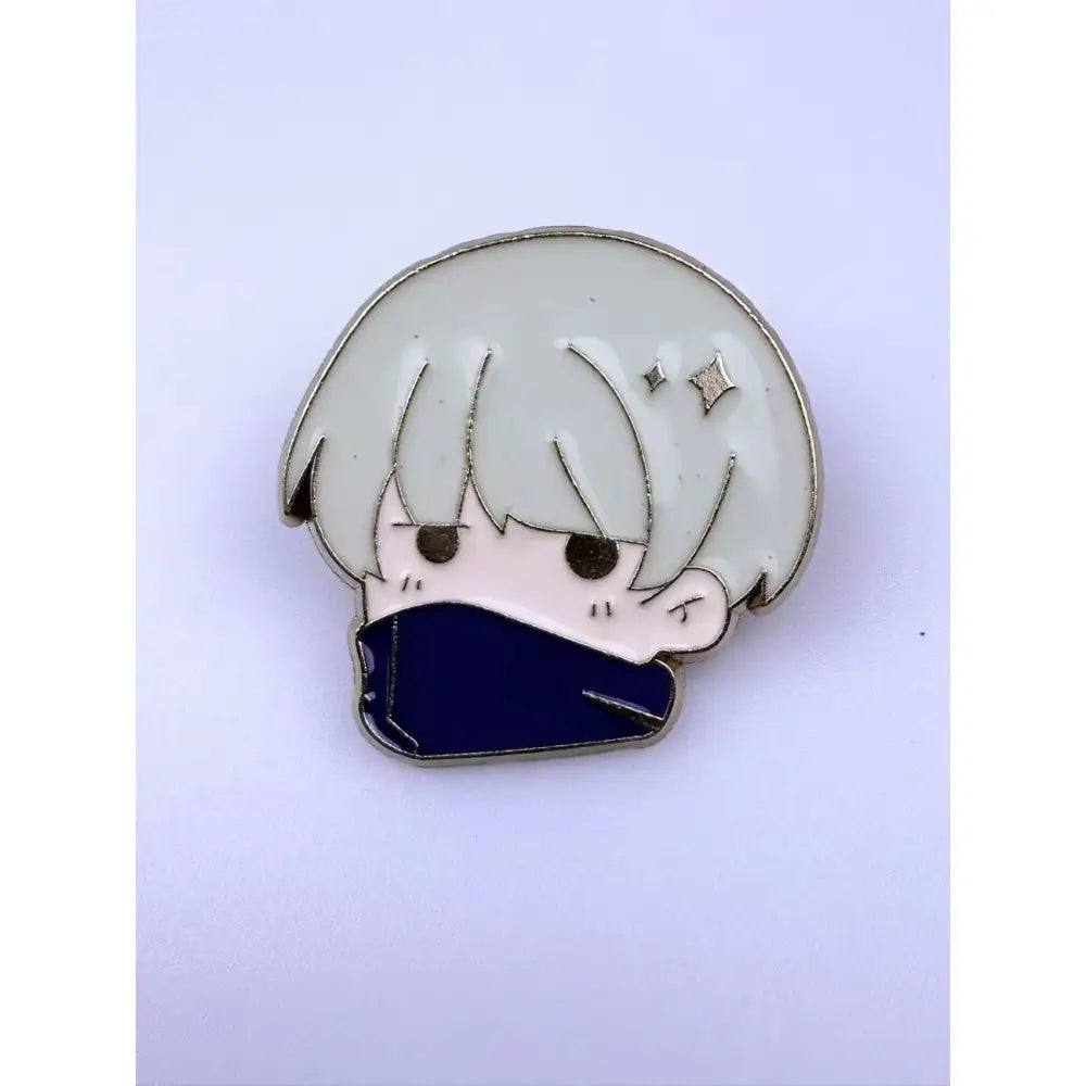 Silver-edged jujutsu kaisen alloy brooch featuring a chibi gojo satoru with white hair and blue face mask enamel pin