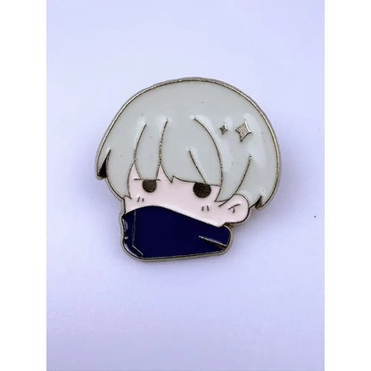 Silver-edged jujutsu kaisen alloy brooch featuring a chibi gojo satoru with white hair and blue face mask enamel pin