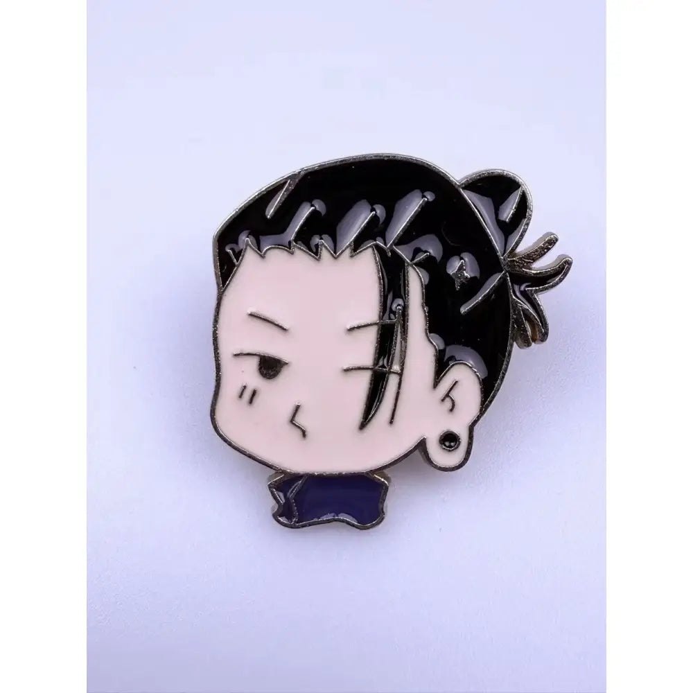 Black and pink jujutsu kaisen alloy brooch featuring chibi gojo satoru with short hair and dark blue collar enamel pin